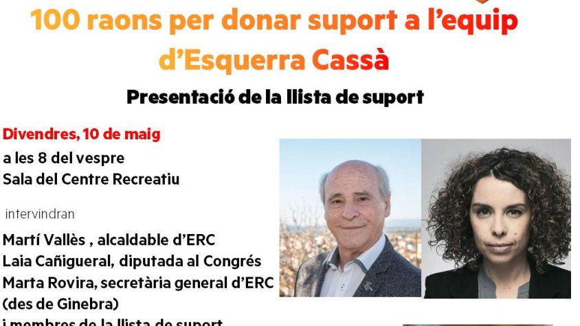 ERC presentarà “100 raons per donar suport a l’equip d’Esquerra Cassà”